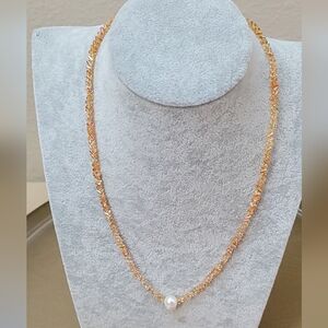 Gorgeous Citrine-Colored Trillion Crystal Necklace with Pearl Accent